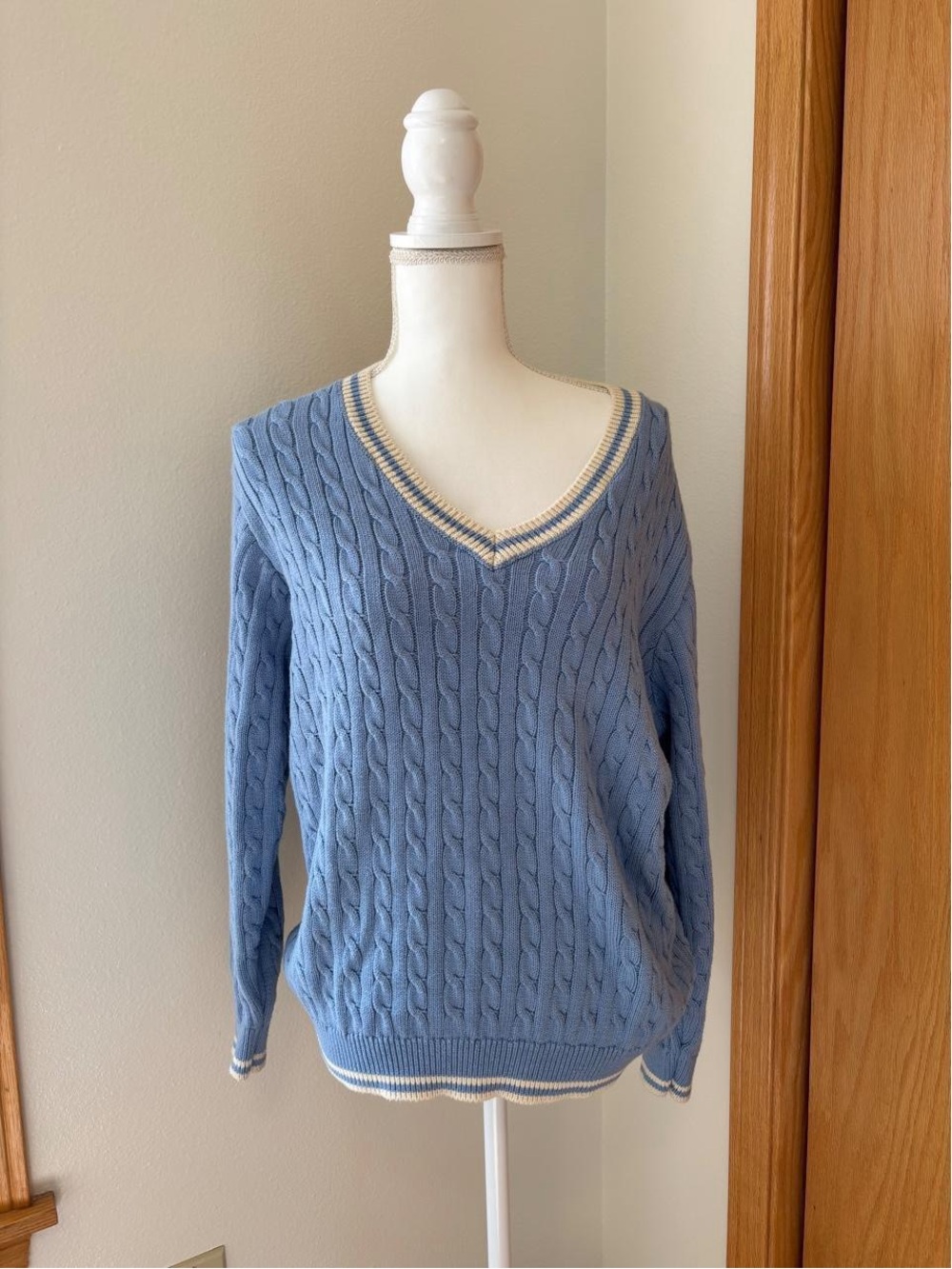 Brandy Melville Powder Blue Cable Knit V-Neck Sweater with Cream Trim